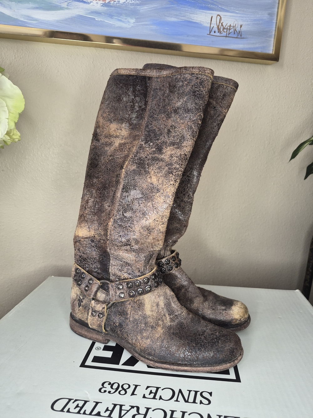 Frye Brown Distressed Leather Studded Harness Knee Boots - Picture 2 of 8